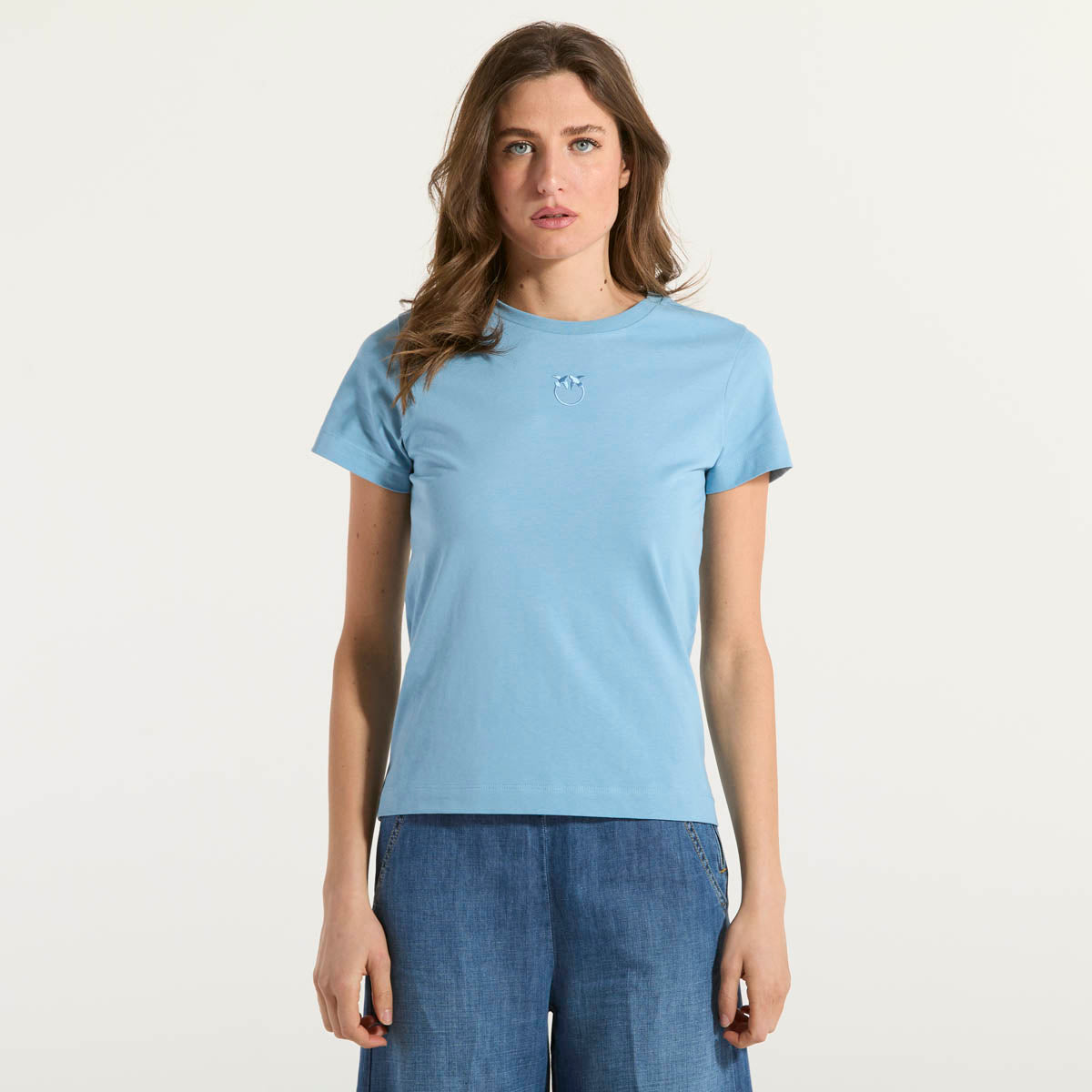 Pinko T-shirt maniche corte logo ricamato azzurra