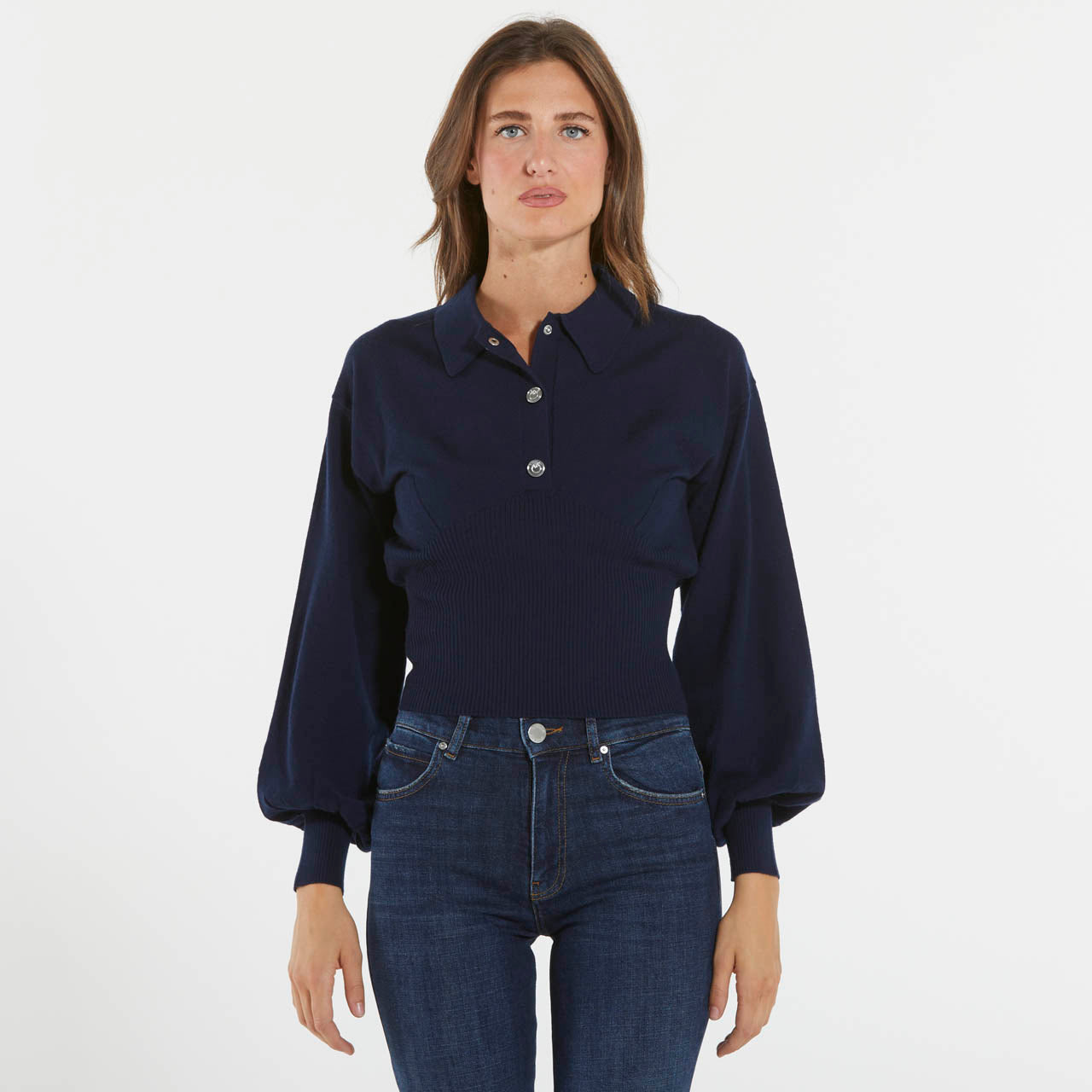 Pinko maglia polo maniche lunghe a costine blu