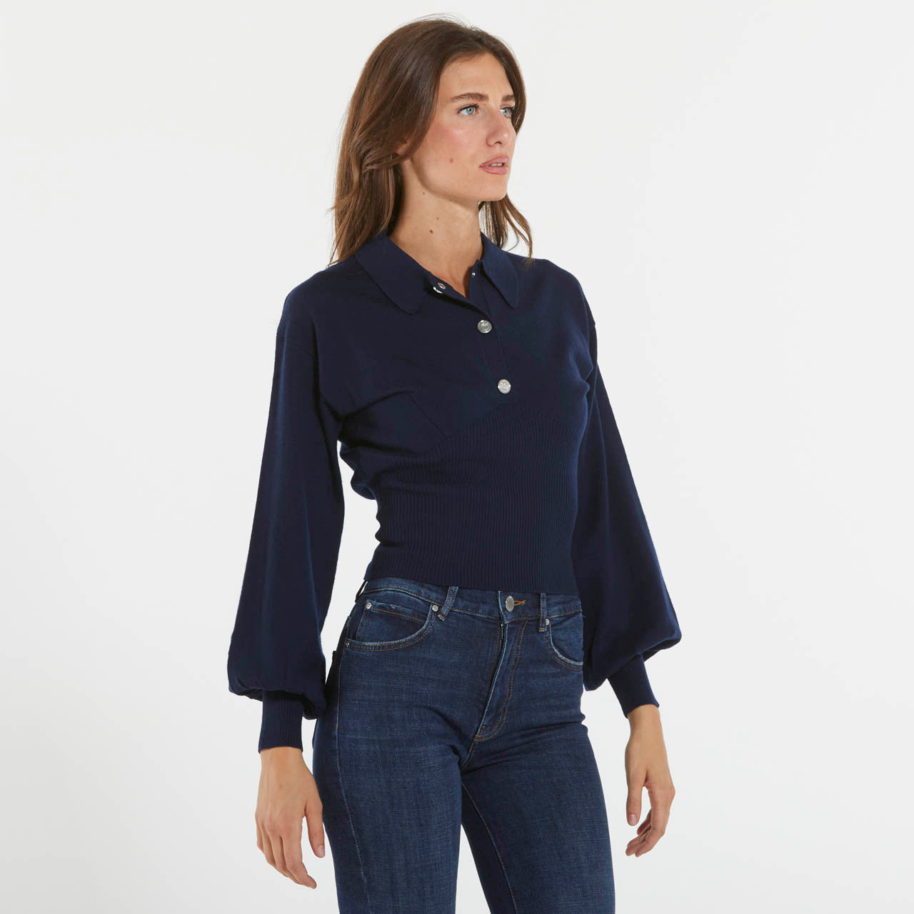 Pinko maglia polo maniche lunghe a costine blu