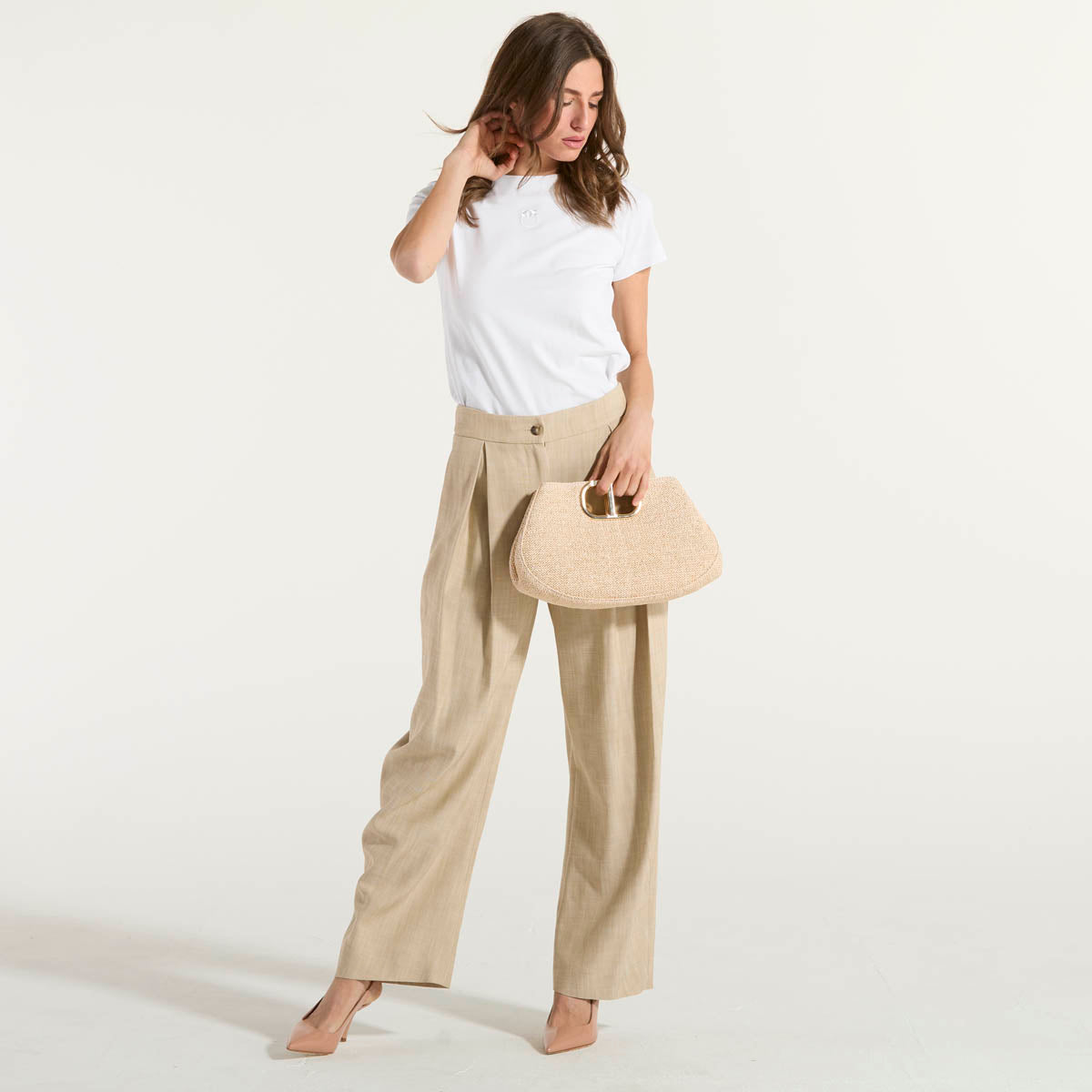 Pinko pantaloni larghi con pieghe in tela beige