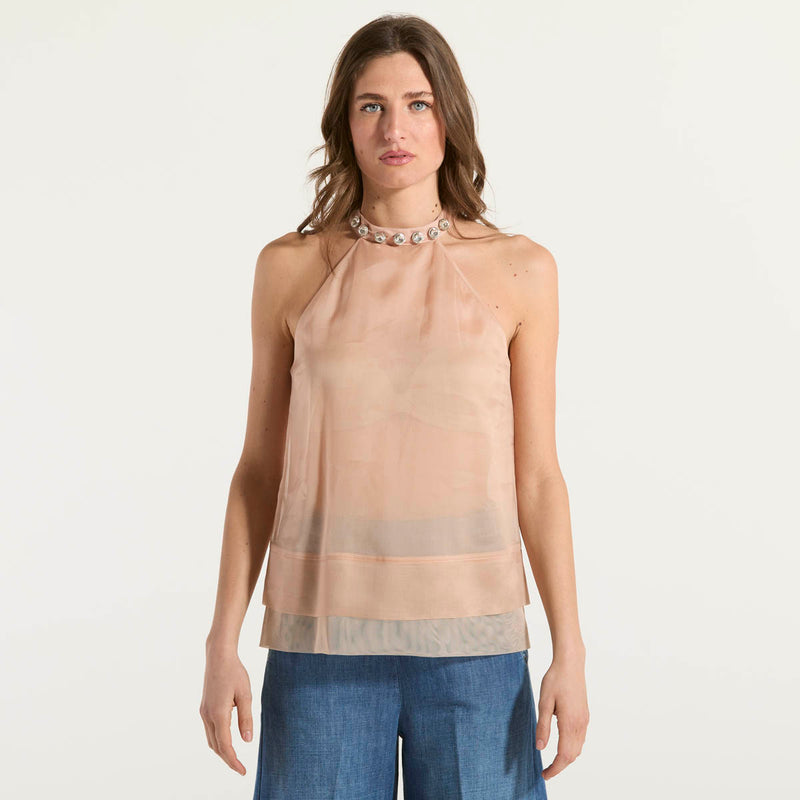 Pinko Top in organza di seta con ricamo gioiello