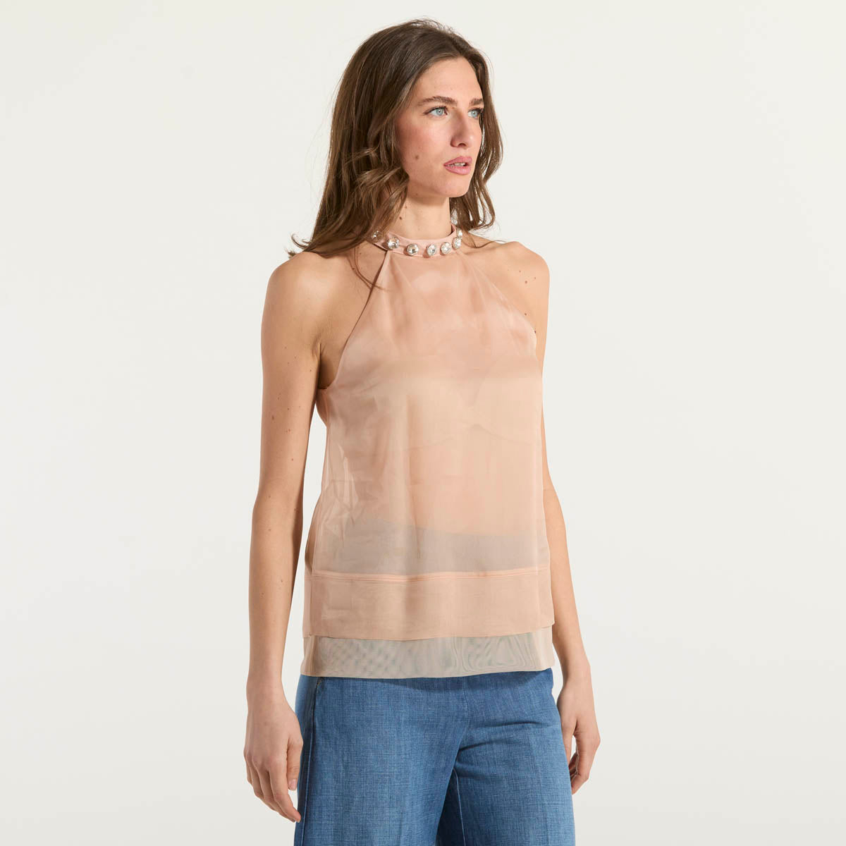 Pinko Top in organza di seta con ricamo gioiello