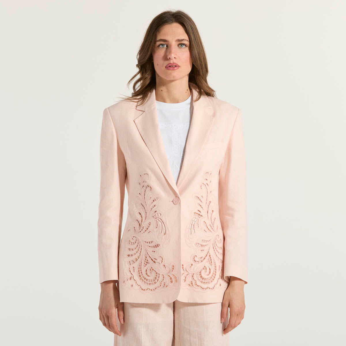 Twinset giacca in misto lino con ricamo rosa