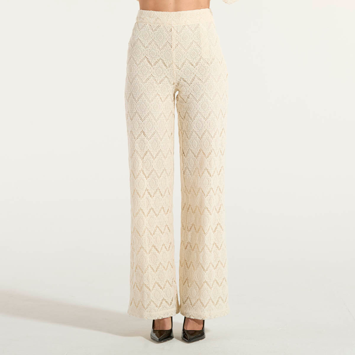 Twinset pantaloni wide leg in pizzo macramè beige