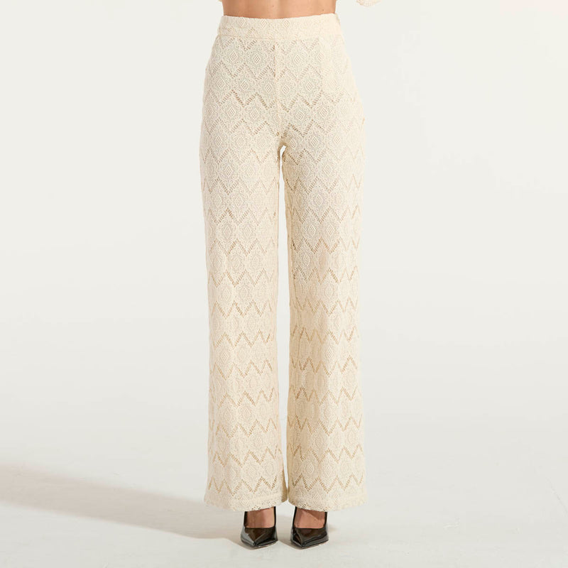 Twinset pantaloni wide leg in pizzo macramè beige