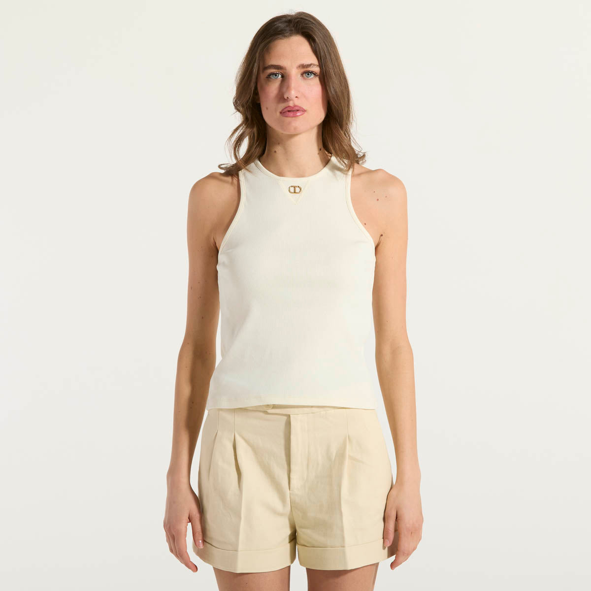 Twinset top fitted a costine con Oval T beige