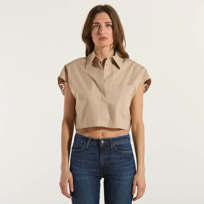 Dondup camicia crop in popeline di cotone beige