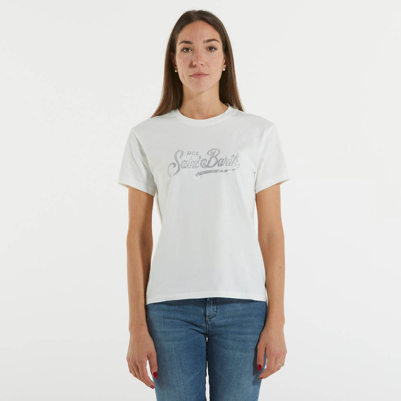 Mc2 Saint Barth t-shirt bianca logata con strass