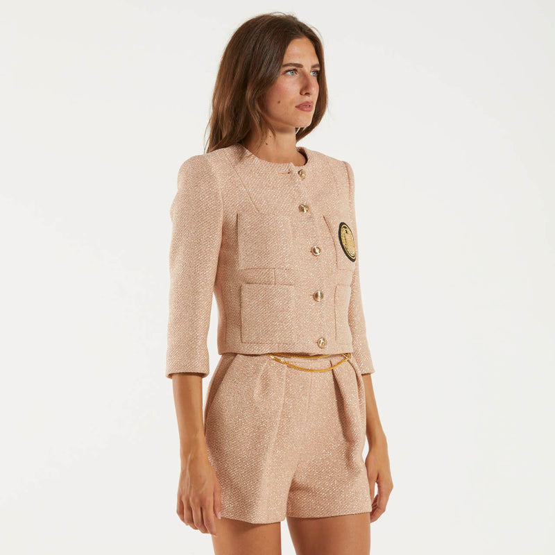 Elisabetta Franchi giacca cropped rosa laminata