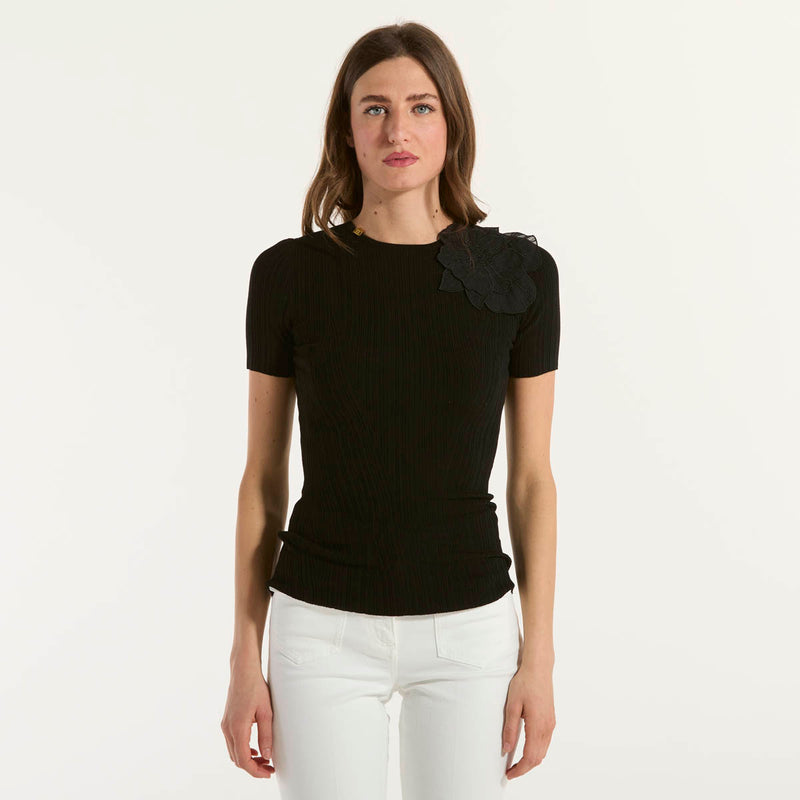 Elisabetta Franchi maglia a costine con fiore nera