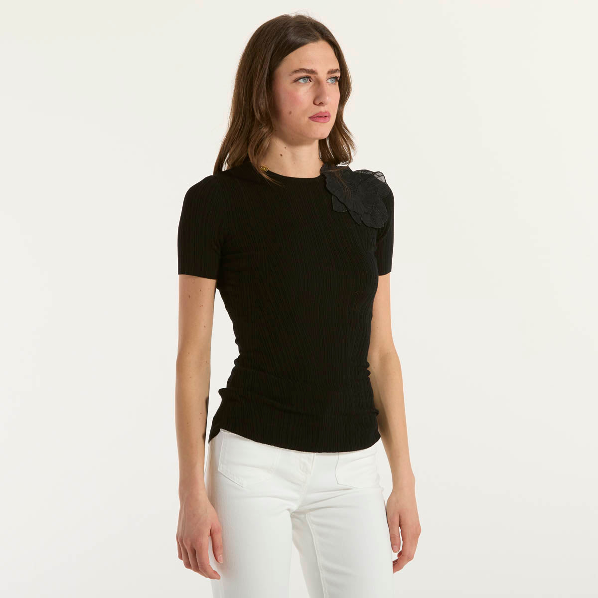 Elisabetta Franchi maglia a costine con fiore nera