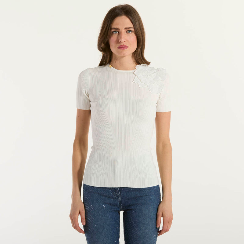 Elisabetta Franchi maglia costine con fiore avorio