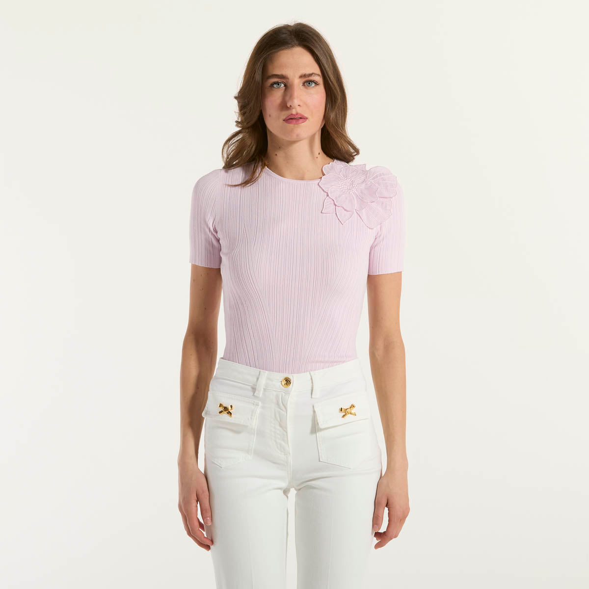 Elisabetta Franchi maglia a costine con fiore rosa