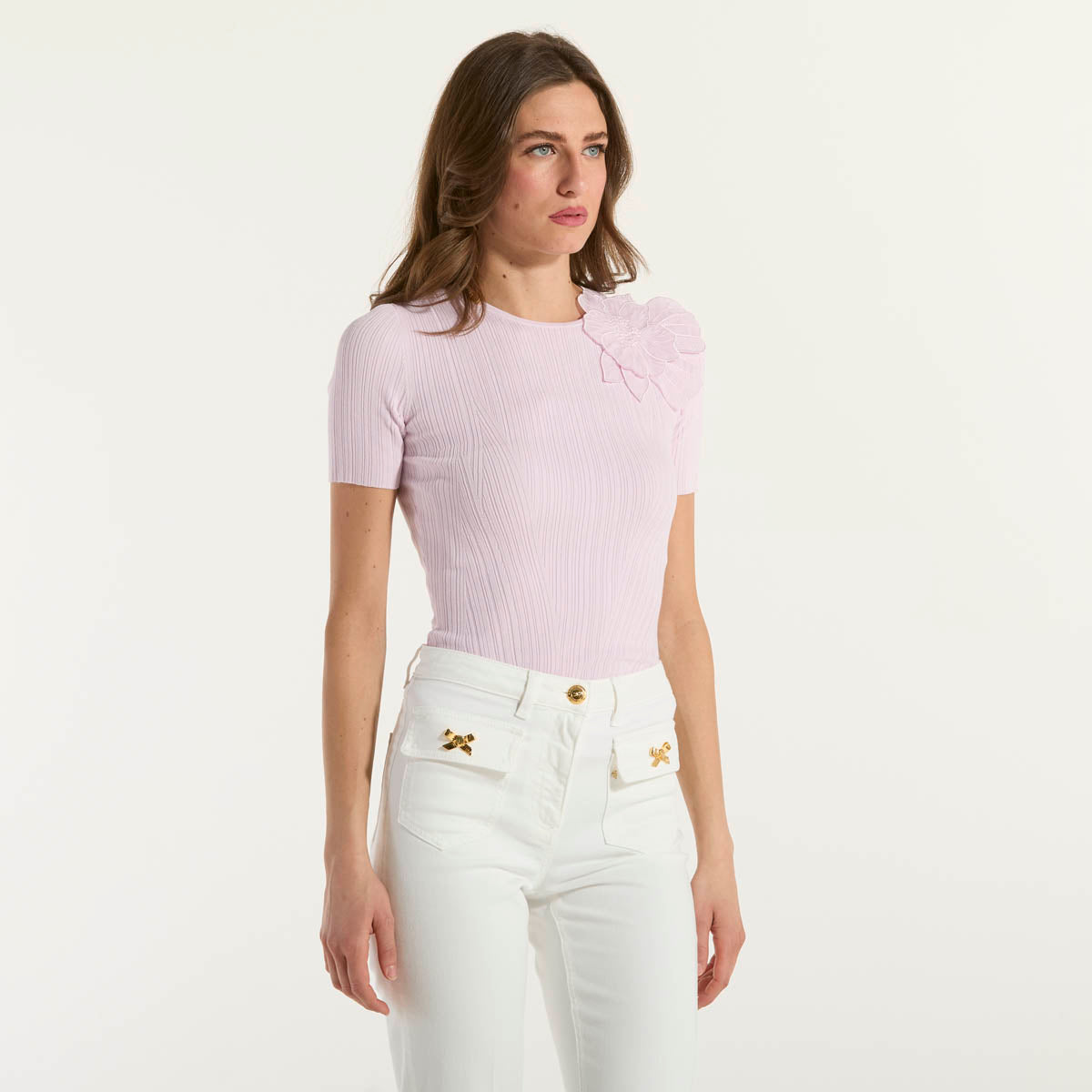 Elisabetta Franchi maglia a costine con fiore rosa