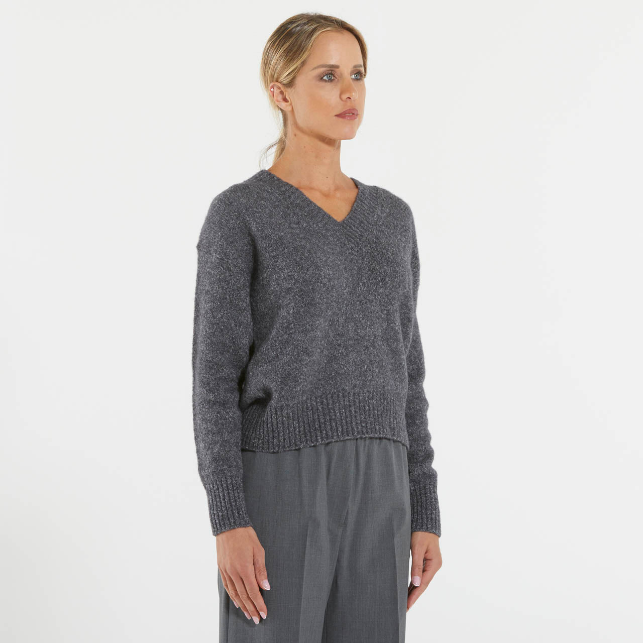 Max Mara maglione grigio a V in alpaca e cotone